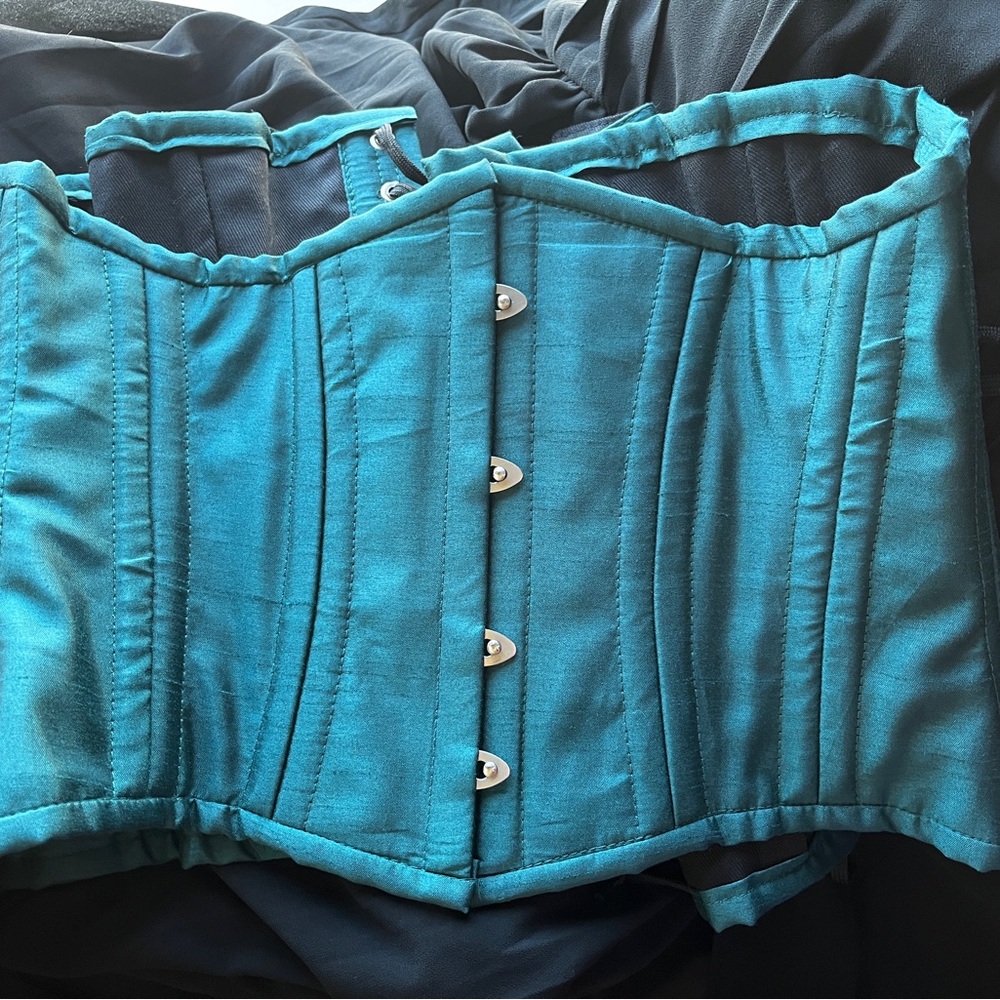 426 Short Authentic Teal Shantung Satin 32" Underbust Corset Double Steel Boned